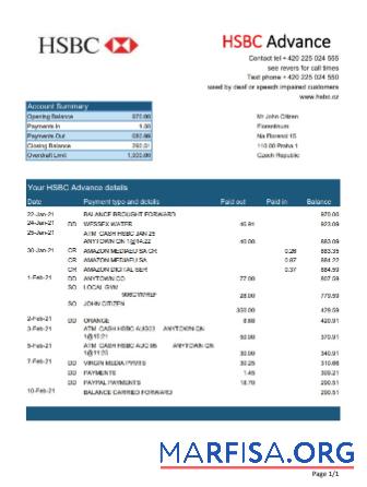 Printable Czech HSBC bank statement excel real example